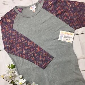 LuLaRoe Randy Baseball Tee Gray Heather Raglan Print Sleeve NWT XS 3/4 Sleeve